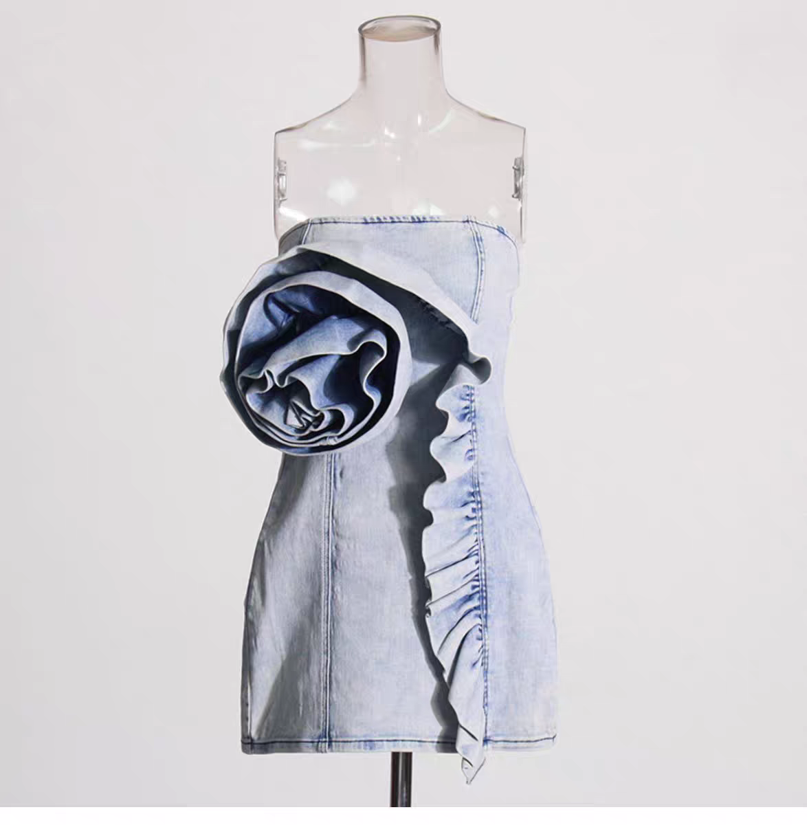 ROSETTE RUFFLE DENIM MINI