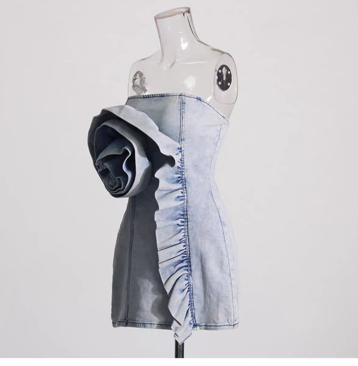 ROSETTE RUFFLE DENIM MINI