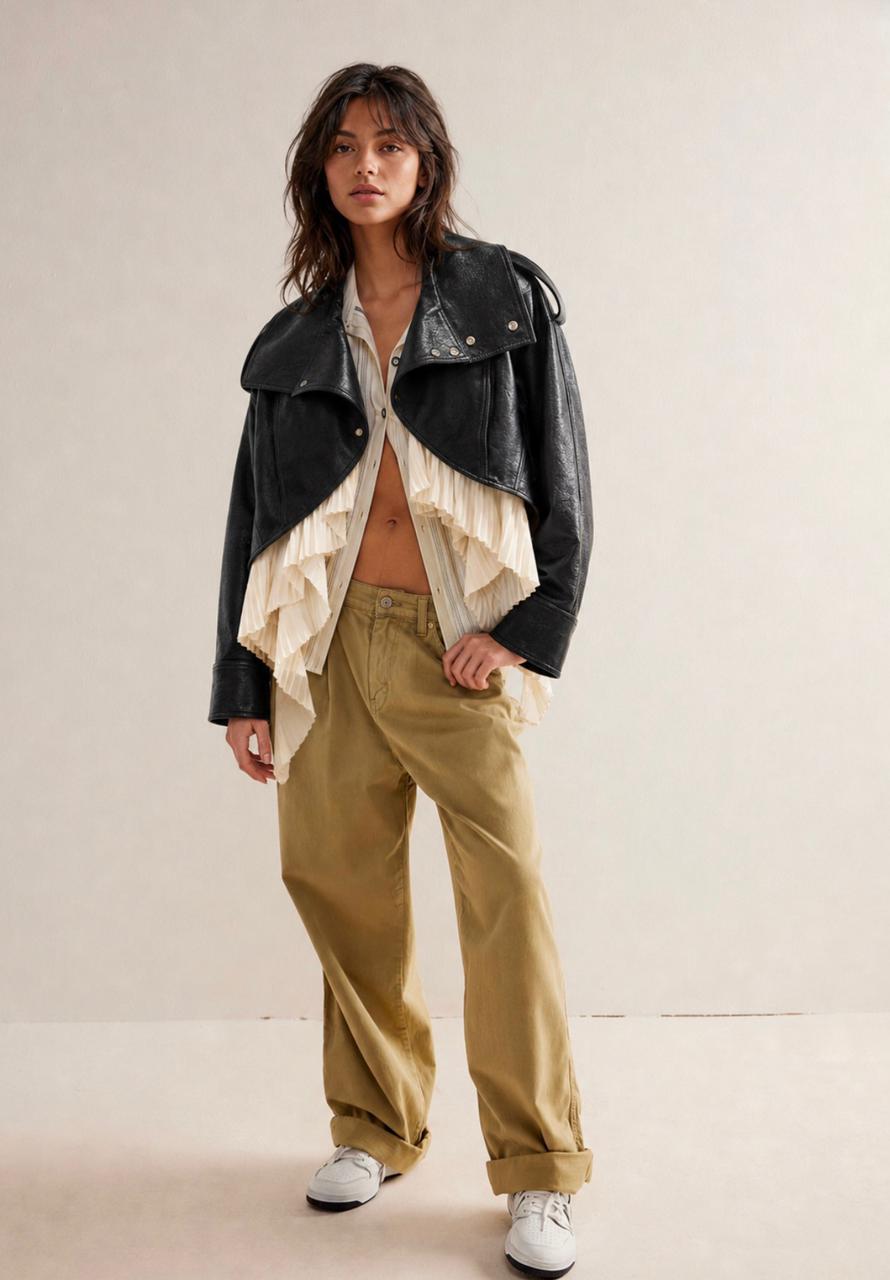 ÉLAN PLEATED LEATHER JACKET