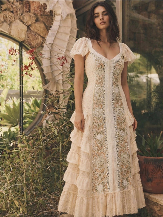 CELESTINE EMBELLISHED RUFFLE MAXI DRESS