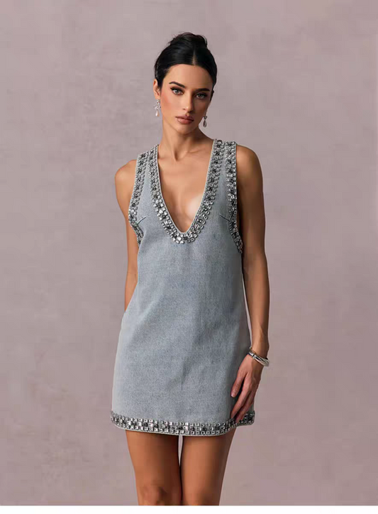 CELESTE CRYSTAL TRIM MINI DRESS