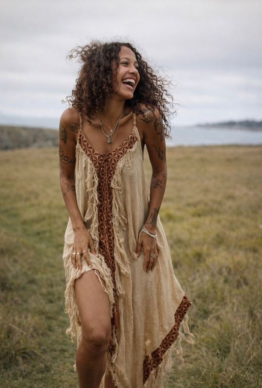 WHISPERING WINDS BOHO DRESS - BEIGE