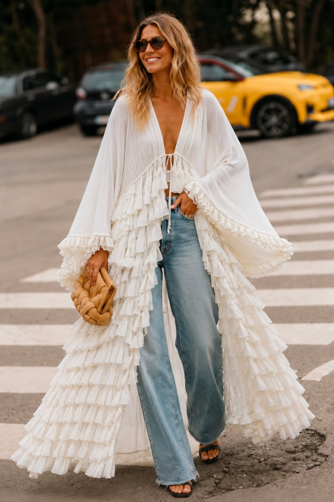 IVORY CASCADE RUFFLE KIMONO