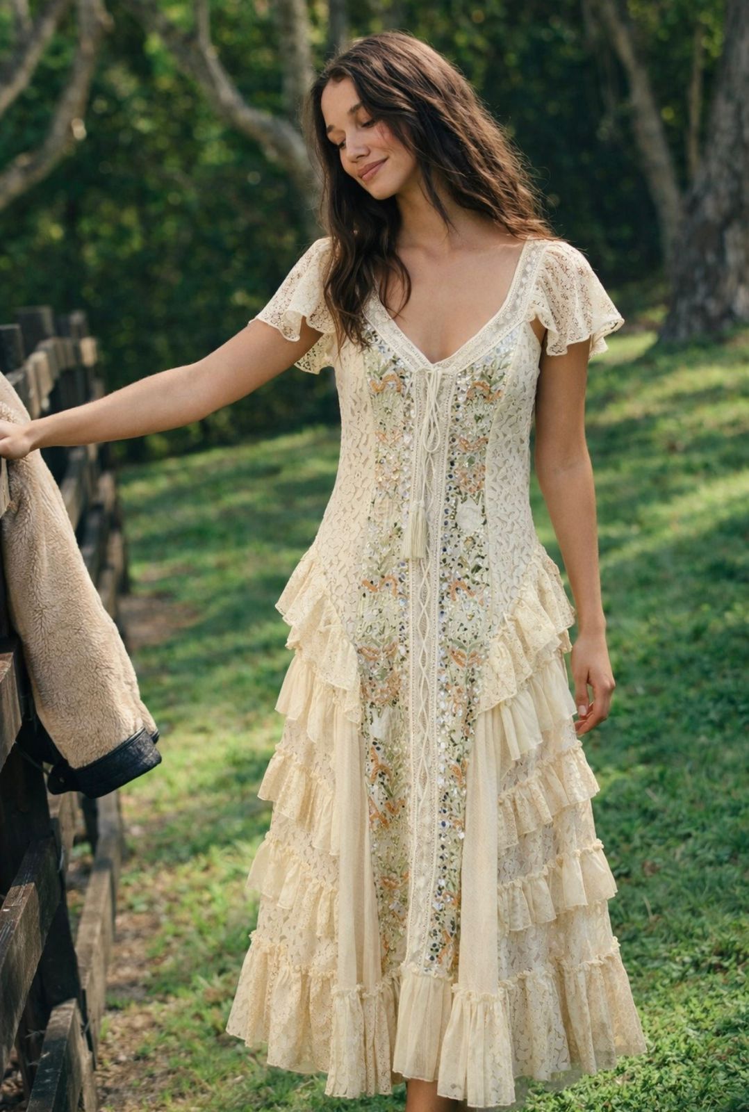 CELESTINE EMBELLISHED RUFFLE MAXI DRESS